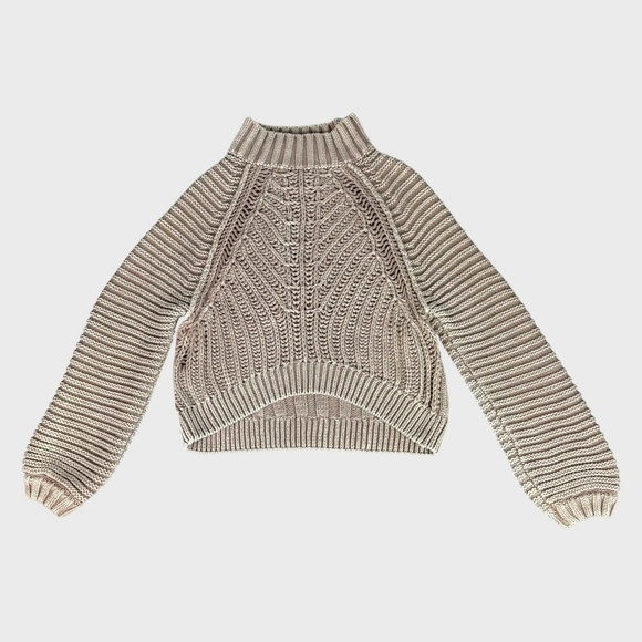 Free People Knit Cropped Taupe Sweater with Ribbed Mock Neck - Picture 3 of 9